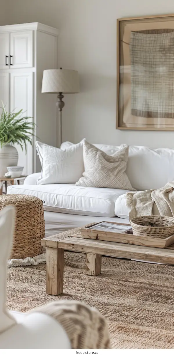 A cozy living room with a neutral color palette
