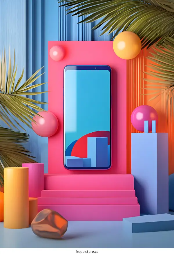Smartphone on Platform With Colorful Geometric Shapes and Palm Leaves