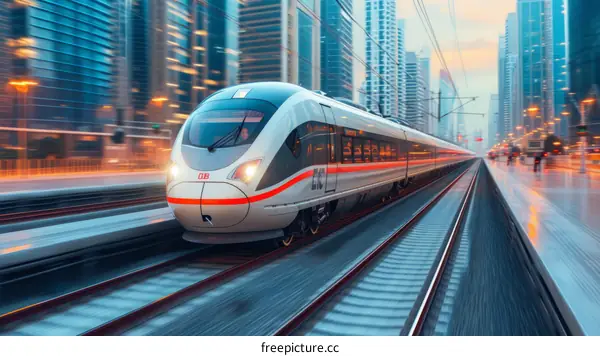 A high-speed train travels through a modern city