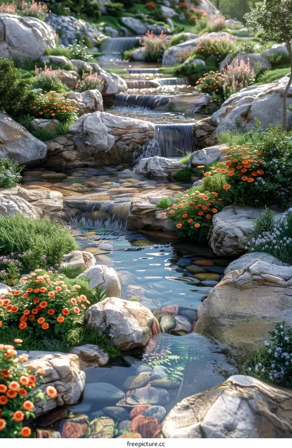 Small Creek Flowing Through Rocks and Flowers