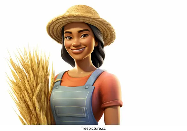 A smiling female farmer wearing a straw hat and holding a bundle of wheat