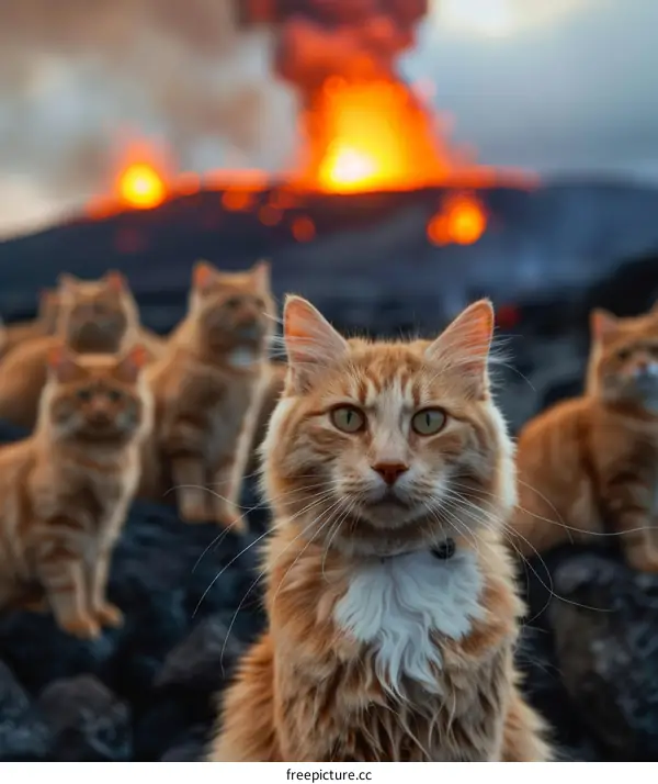 Cats in front of a volcano