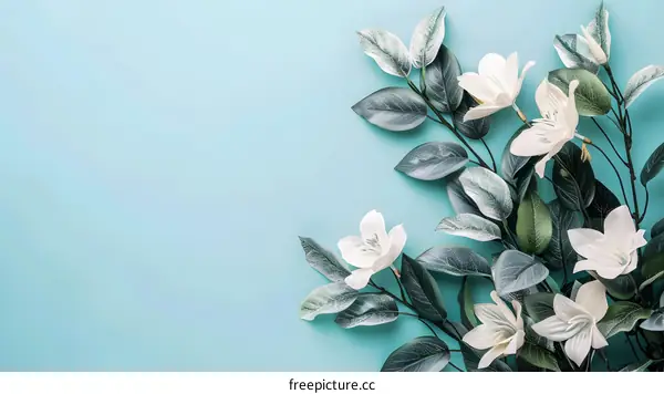White Flowers and Green Leaves on a Light Blue Background