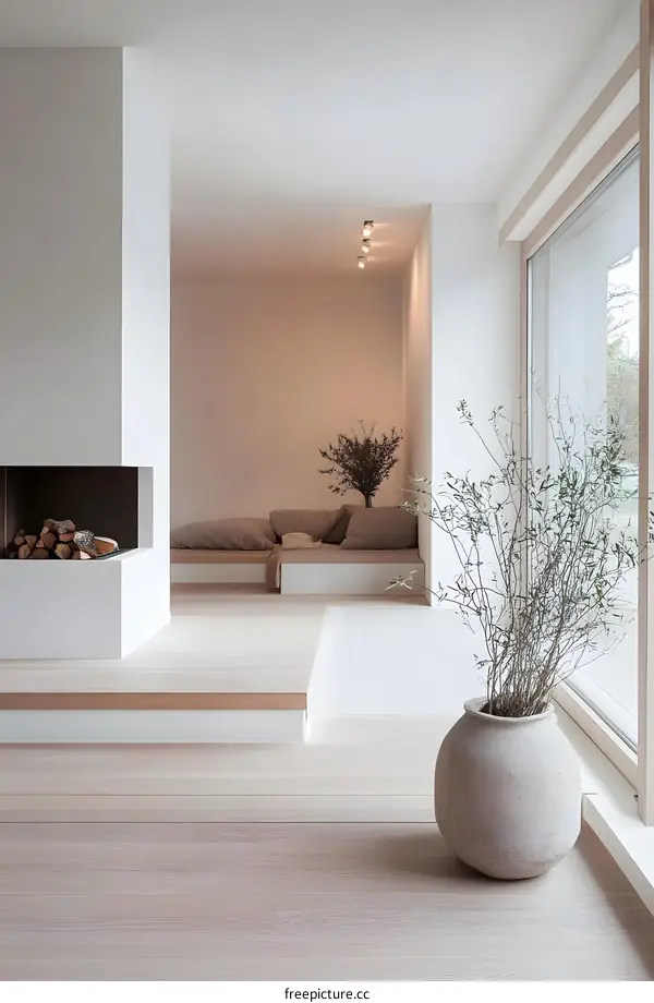 Minimalist Living Room With Fireplace And Large Window