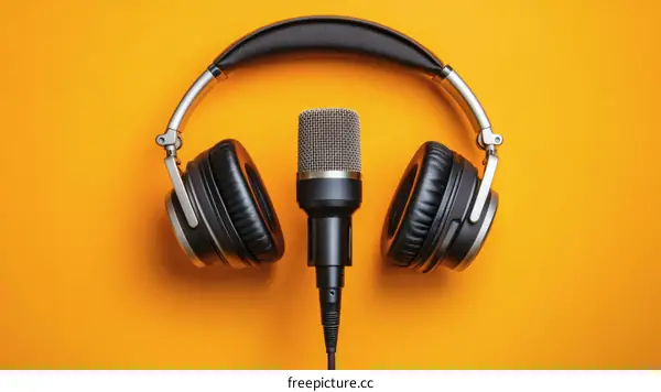 Studio Headphones and Microphone on Orange Background