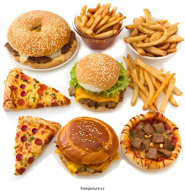 Fast Food Collection with Pizza, Burgers, and French Fries