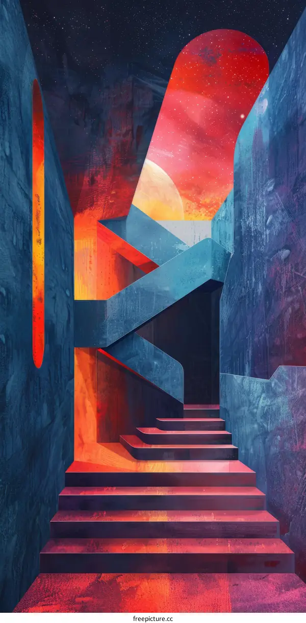 An illustration of a staircase with a red and blue background