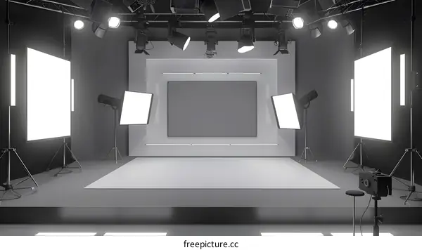 Empty Television Studio Set with Lighting and Camera