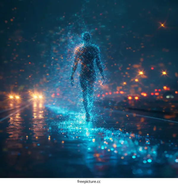 Digital Silhouette Walking on a Futuristic Road