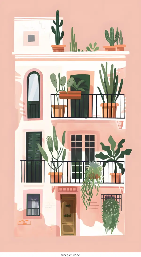 Pink Building With Many Plants and Balconies