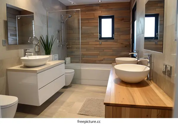 Modern Bathroom Interior Design With White Cabinets And Wooden Wall