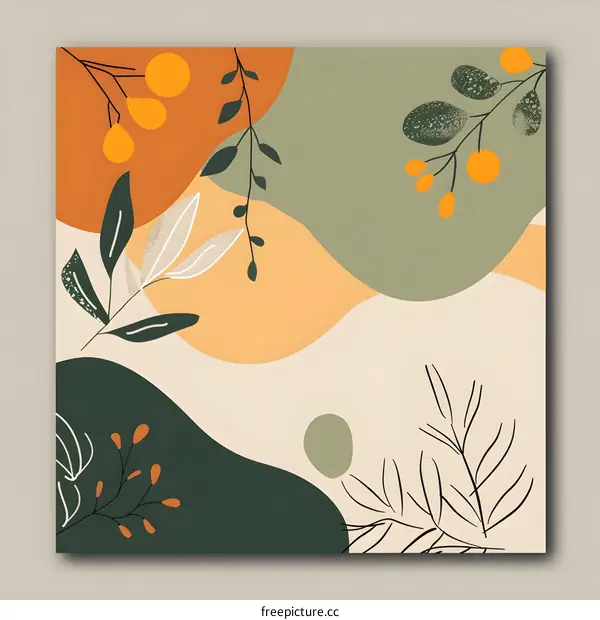Abstract Art  Minimalist  Background  Green Leaves  Orange  Shapes