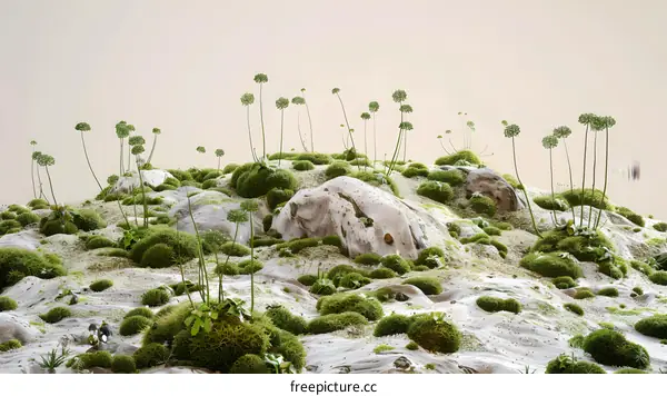 Abstract Green Mossy Landscape with Miniature Figures