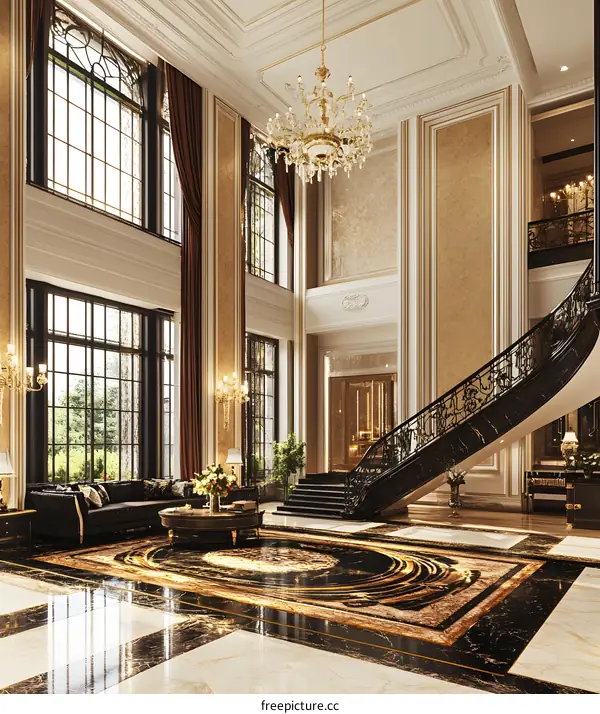 Luxury Mansion Interior Design With Grand Staircase And Chandelier