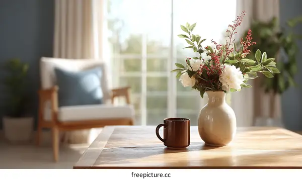 Cozy Living Room Decor with Flowers and Coffee Cup