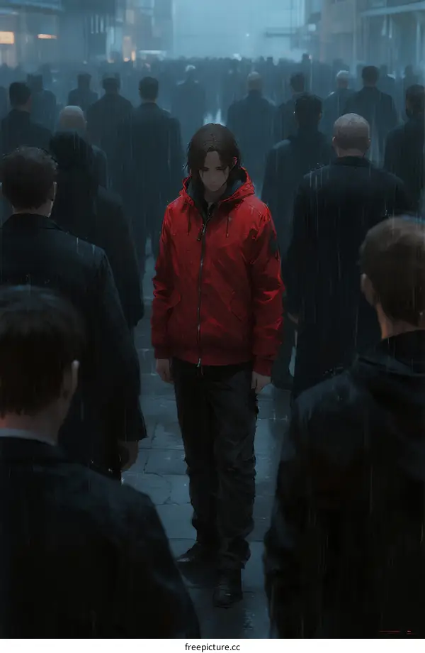 A man in red jacket standing among crowd in rainy street