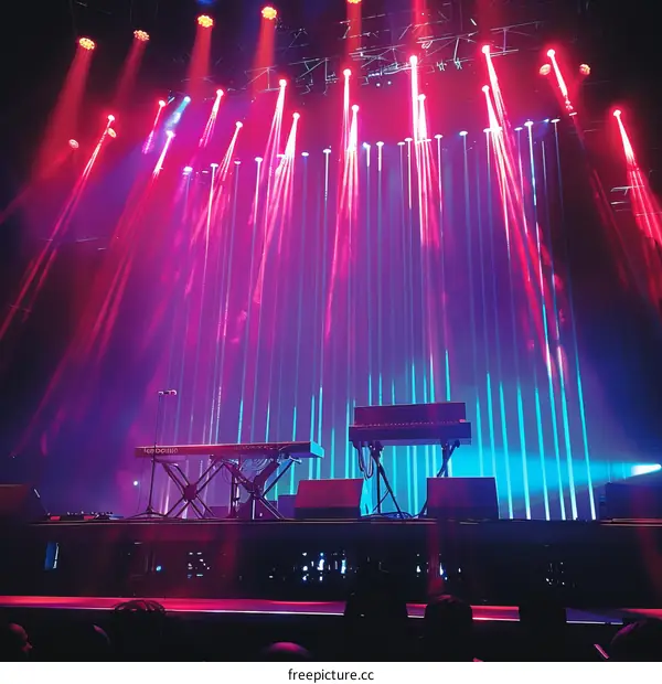 Empty concert stage with red and blue lights
