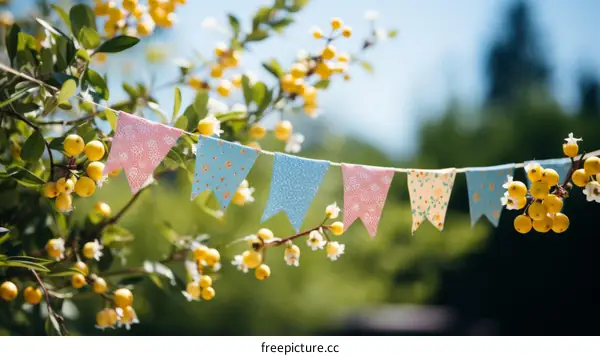 Colorful Bunting Hanging From Tree Branches
