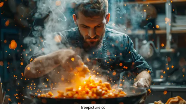 Focused male chef cooking vegetables in a flaming hot pan