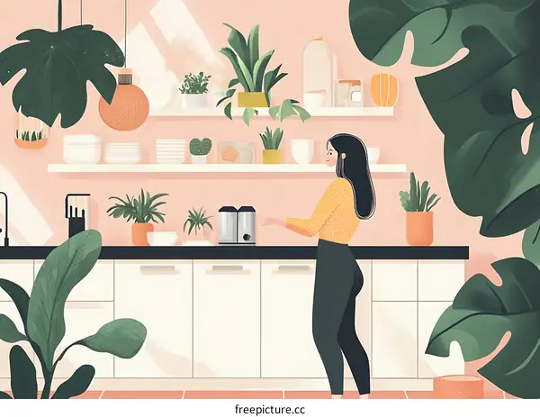 Woman in Kitchen with Plants and Coffee Maker