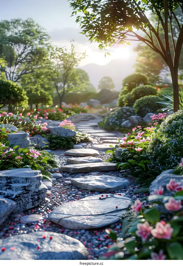 Stone path in a beautiful garden with green plants and pink flowers