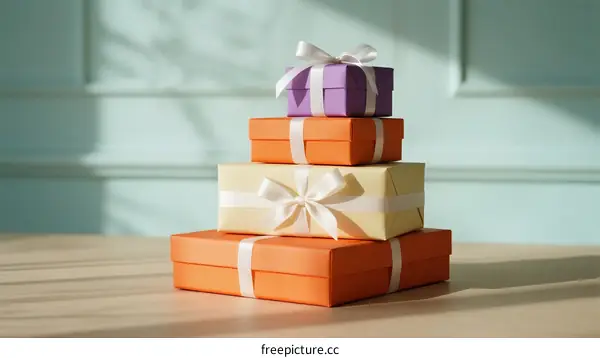 Colorful Gift Boxes Stacked Together on Wooden Surface