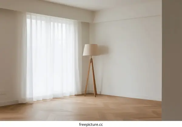 Modern and bright empty room with sheer curtains and floor lamp