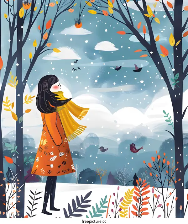 Winter Landscape with Girl in Orange Coat and Yellow Scarf