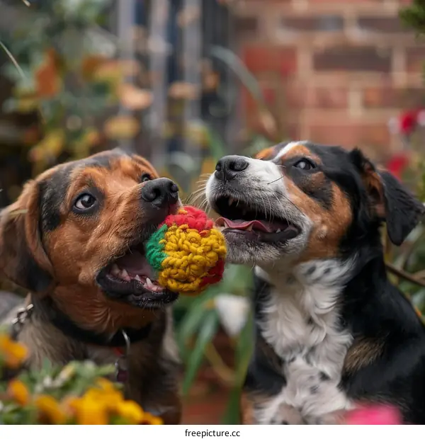 Two dogs playing with a ball in the garden