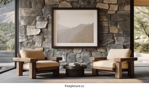 Modern Rustic Living Room with Stone Wall and Wooden Armchairs