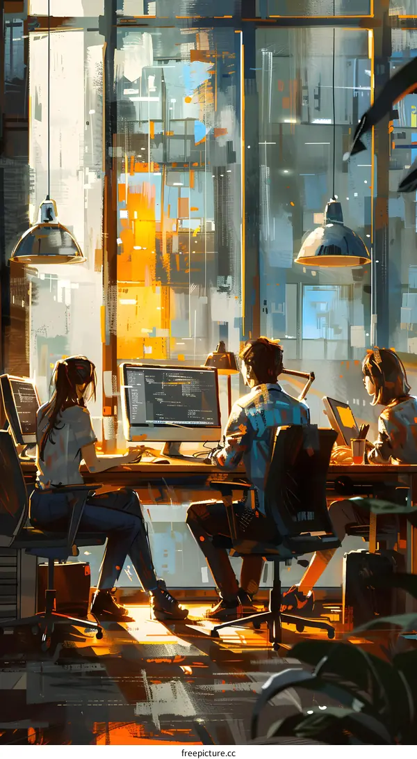 Three people working together in an office