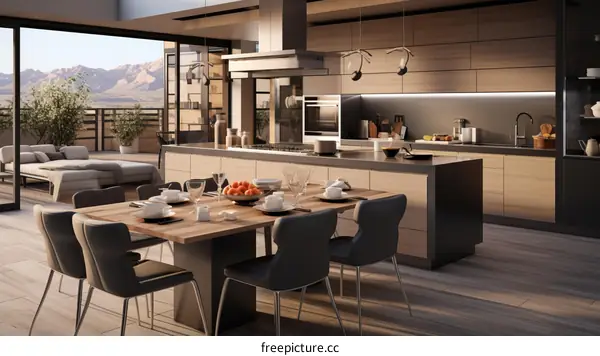 Modern kitchen with large windows and a view of the mountains