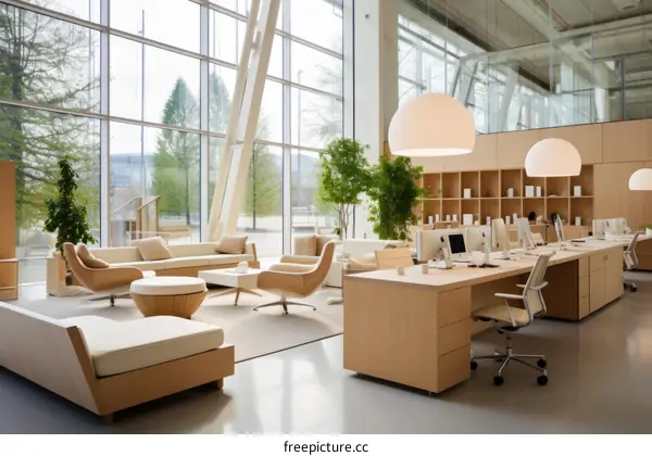 The office has a large glass window, a wooden desk, a comfortable sofa, and a large white lamp.