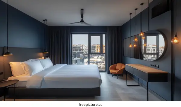 Modern Hotel Bedroom with City View