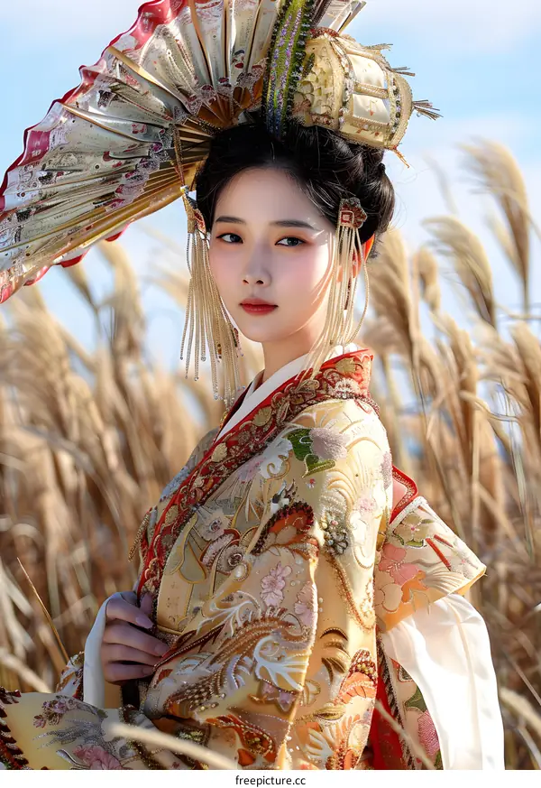 Woman in Traditional Japanese Kimono with Fan Headpiece