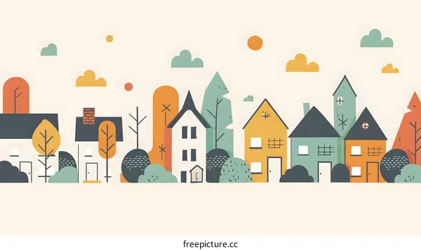 Cute Hand Drawn Illustration Of Colorful Houses In A Row