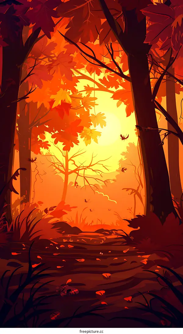Autumn Forest Illustration With Sun and Leaves Falling