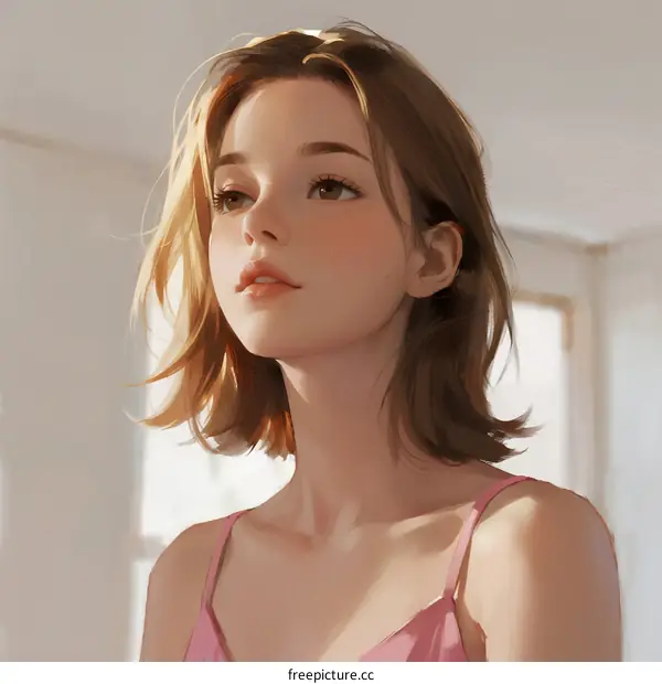 A Young Woman with Short Brown Hair in Pink Cami Top