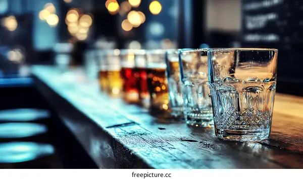 Empty Bar Glasses on Rustic Wooden Countertop