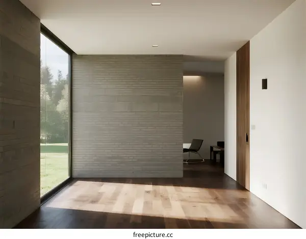 Modern minimalist interior space with large glass windows and wooden floors