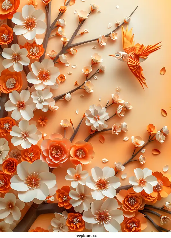 Orange and white paper flowers and bird