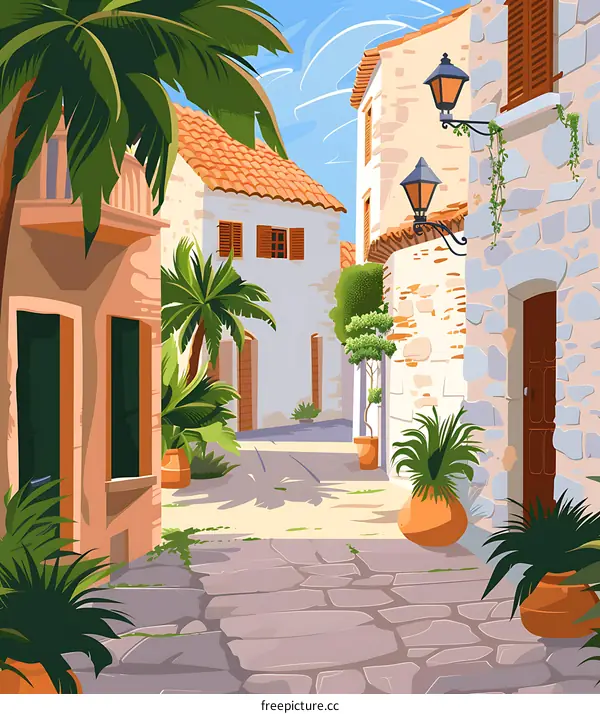 Cobblestone Street With Stone Houses and Palm Trees