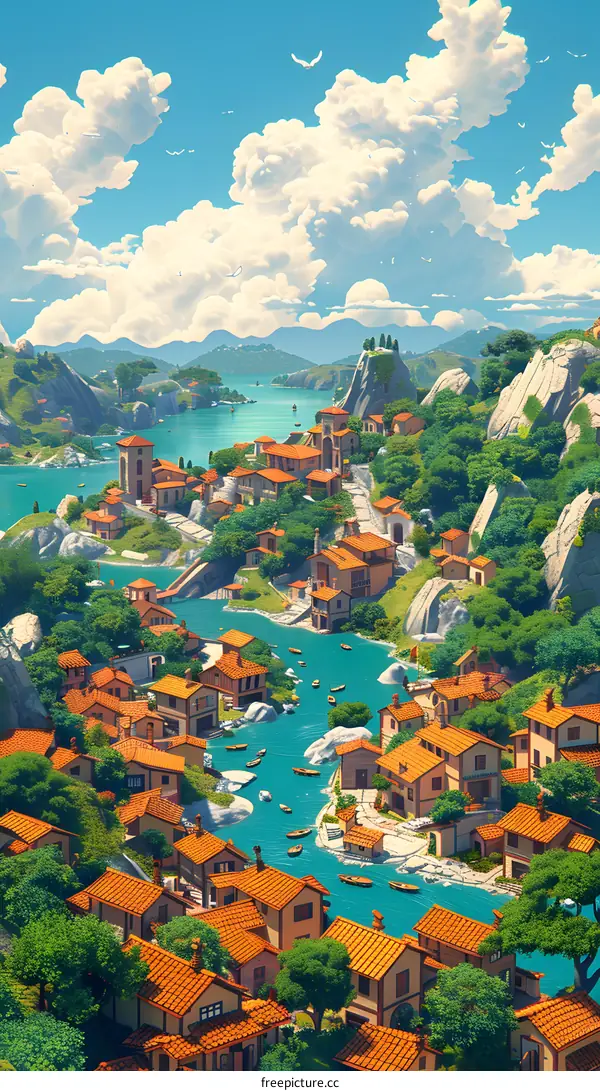 Beautiful Illustration of a Small Village With Orange Roofs