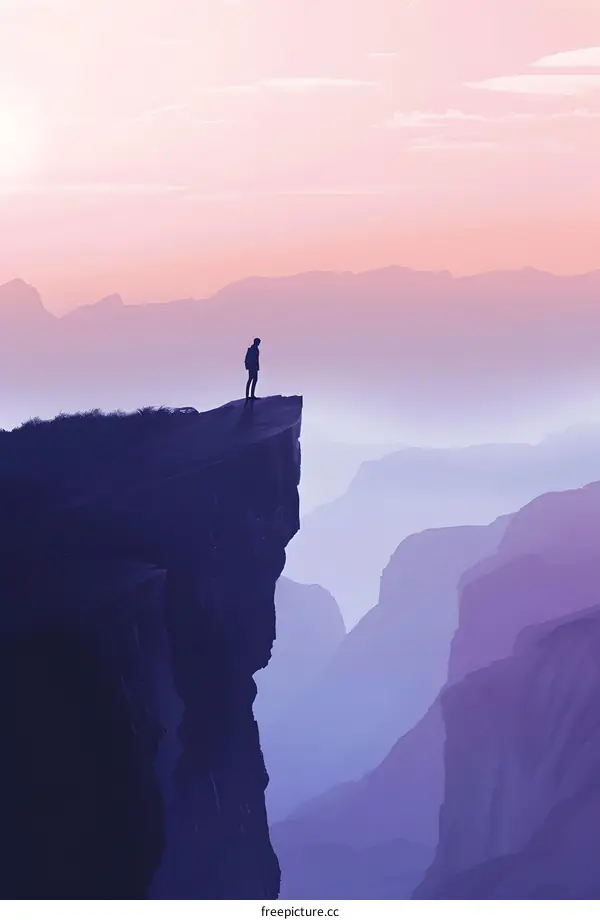 Silhouette of a Man Standing on a Cliff with Purple and Pink Mountains in the Background