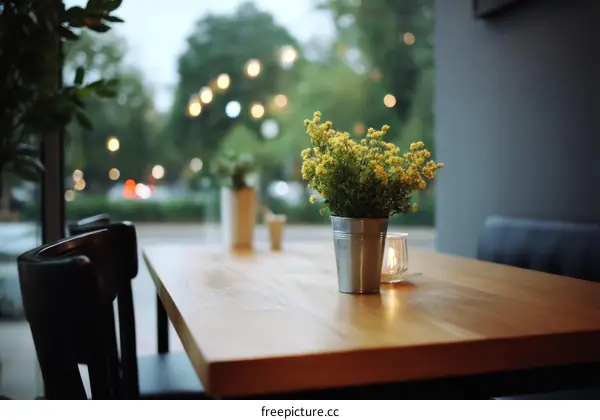 Cozy Cafe Interior with Yellow Flowers and Warm Lighting