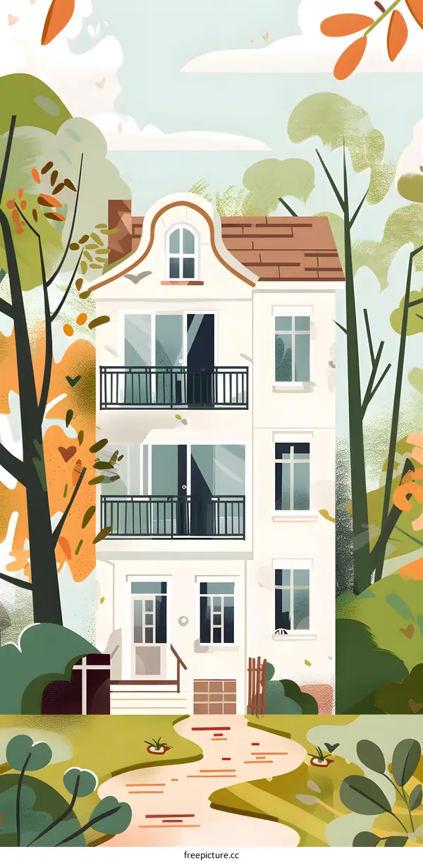 Illustrated House with Lush Green Trees and Pathway