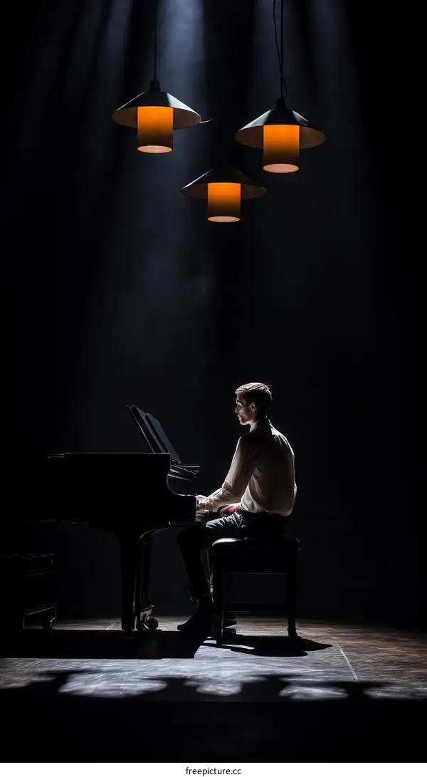 Man playing piano on stage with spotlights