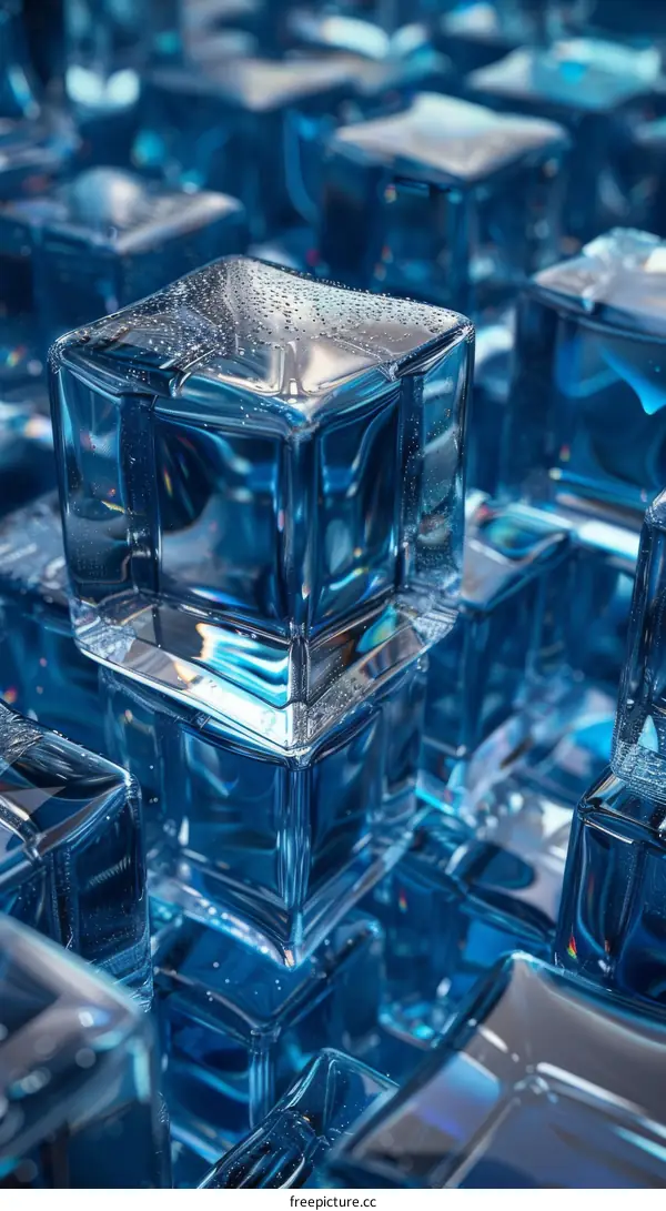 Stacked translucent blue ice cubes with water droplets