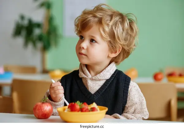 Toddler Child Eating Fruits at Preschool