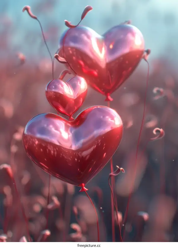 Three Red Heart-Shaped Balloons Floating in the Air